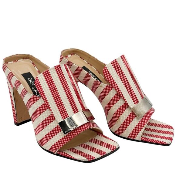Sergio Rossi Shoes - Sergio Rossi SR1 Red Stripe Canvas Mule Block Heel Slide Sandals Size EU 36 US 6